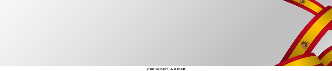 Long Header of Waving Spain Flag Ribbon on white background. 3D Spanish Flag on long backdrop. Vector Illustration. EPS 10