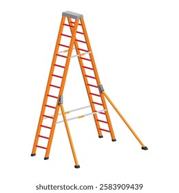 Long, high, and double A-shaped portable ladder with outrigger for collapse preventing measure. Metallic household stepladder. Isolated aluminum ladder vector.