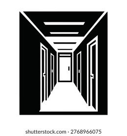 Long, high-contrast interior corridor with doors along a vanishing perspective, creating geometric lines and stark shadows.
