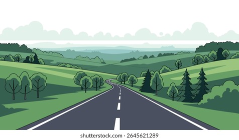 A long highway stretches through rolling green hills under a cloudy sky