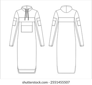 Long hoodie dress with a drawstring neckline, kangaroo pocket, sleeve pockets, and side slits illustrated as a minimalist technical sketch