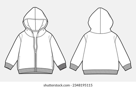 Long hoodie technical drawing fashion flat sketch vector illustration template for women's.