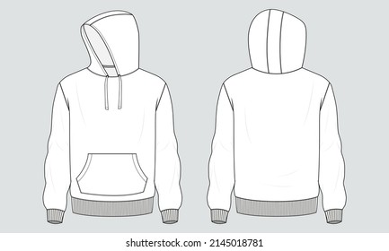 Long Hoodie technical fashion flat sketch vector illustration template front and back views. Fleece jersey sweatshirt hoodie mock up for men's and boys.