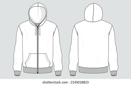 Long Hoodie technical fashion flat sketch vector illustration template front and back views. Fleece jersey sweatshirt hoodie mock up for men's and boys.