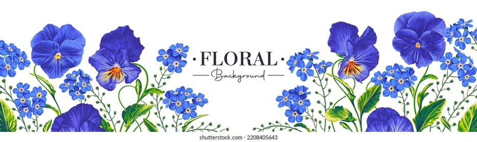 Long horizontal background, banner, card template, frame with vector flowers. Wildflowers of Pansies, Viola and Forget-me-not. Blue plants isolated on white background. Place for text