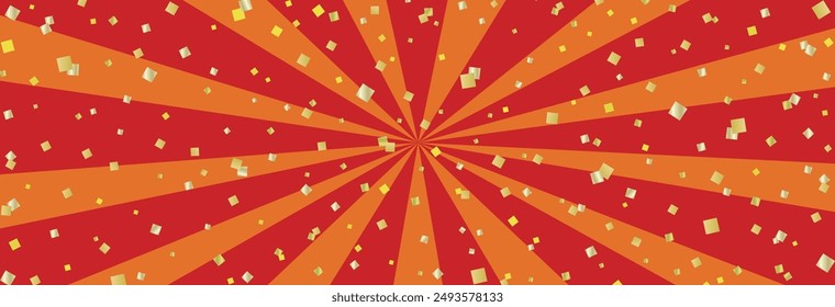 Long horizontal background Banner of long red and orange sunburst sides with gold leaf confetti sprinkled