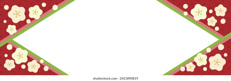 Long horizontal background with rhombus-shaped transparent frames separated by pretty white plum blossoms