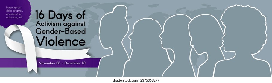 Langer horizontaler Banner für 16 Tage des Aktivismus gegen geschlechtsspezifische Gewalt mit Silhouetten von Frauen verschiedener ethnischer Gruppen und weißem Band. Vektorfarbige Illustration