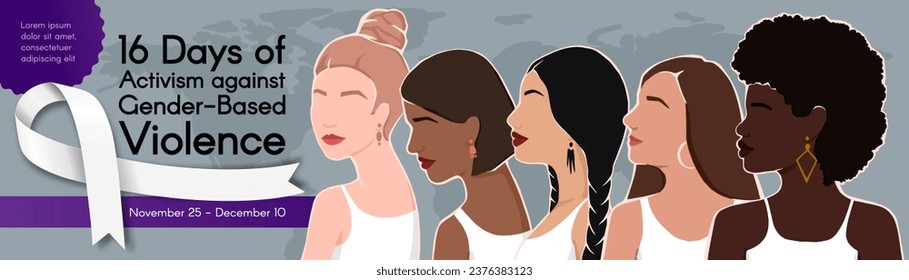 Long horizontal Banner for 16 Days of Activism against Gender-Based Violence with Women of different ethnic groups together and white ribbon. Vector colorful illustration