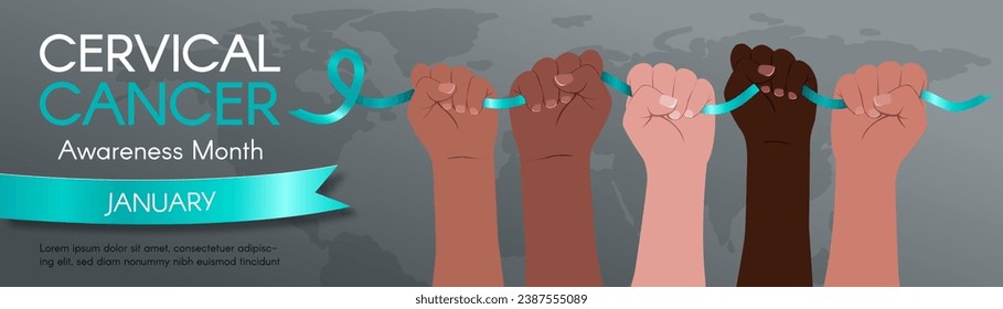 Long horizontal Banner for Cervical Cancer Awareness Month. Diverse hands hold a teal ribbon. Modern flat vector illustration