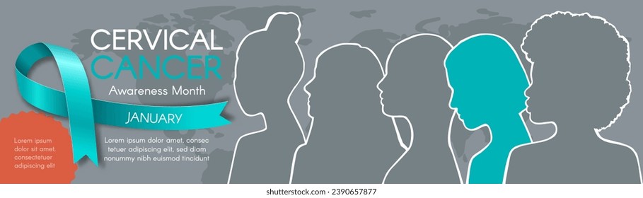 Long horizontal Banner for Cervical Cancer Awareness Month. Diverse women`s silhouettes, text, and a teal ribbon. Modern flat vector illustration