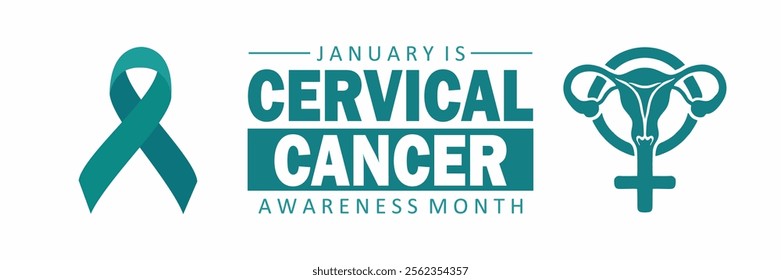 Long horizontal banner for Cervical Cancer Awareness Month. Teal ribbon, medical uterus icon, and bold text on a clean white background. Modern flat vector illustration.