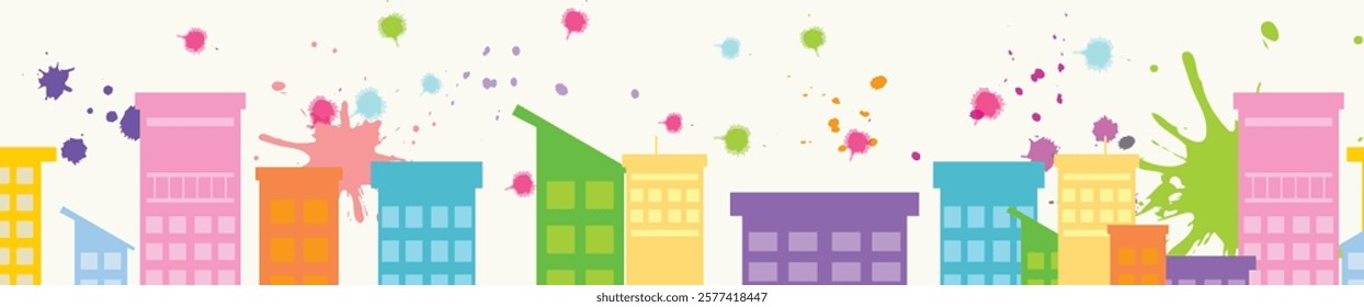 Long horizontal banner with colorful splashes and vibrant buildings, perfect for festival backgrounds