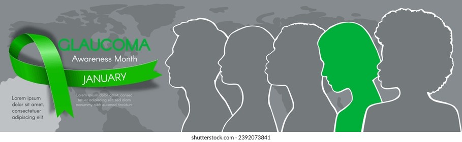 Long Horizontal banner for Glaucoma Awareness Month with a green ribbon, diverse people, and a world map. Modern flat vector illustration