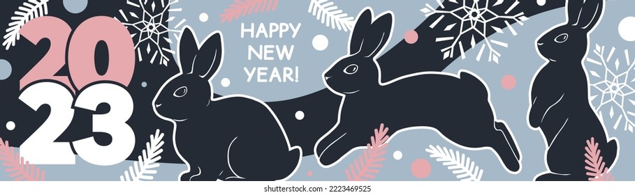 Long horizontal banner of Happy New Year 2023 with rabbits. Vector modern trendy illustration.