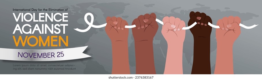 Long horizontal Banner for International Day for the Elimination of Violence Against Women. Diverse hands hold a white ribbon. modern flat vector illustration