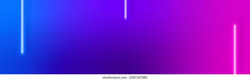 Long horizontal banner with neon blue and pink luminous lines. Abstract futuristic background. Stock vector design.