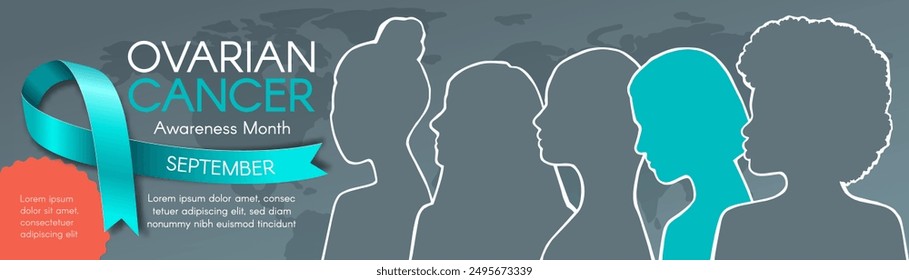 Long horizontal Banner for Ovarian Cancer Awareness Month in September. Diverse women`s silhouettes, text, and a teal ribbon. Modern flat illustration