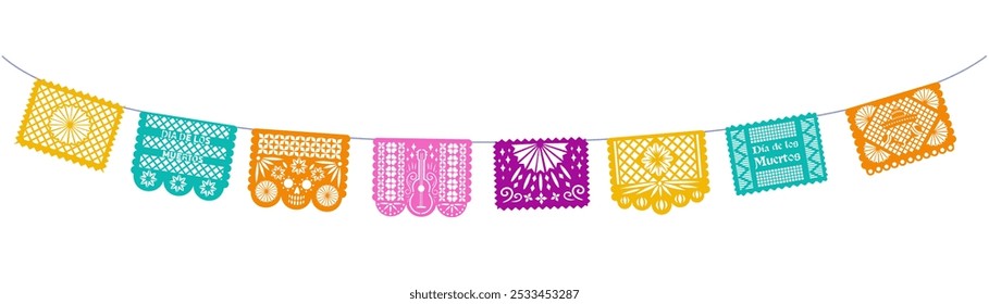 long horizontal banner with the Papel Picado Mexican garland on the day of the dead. Halloween Festive Cut Out Paper Bunting Flags