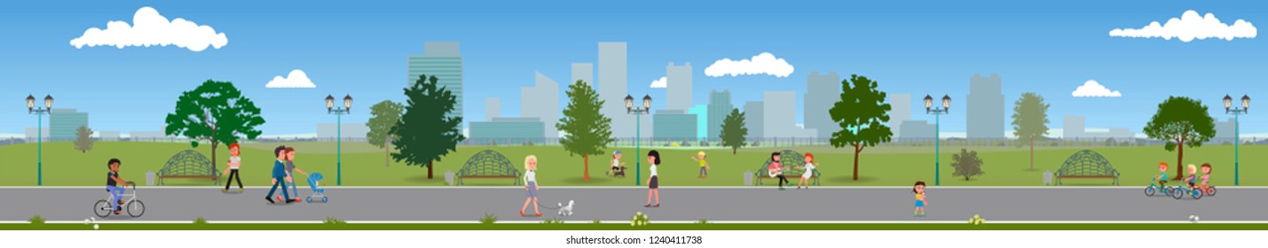 Long Horizontal Banner. People Walk In The Park. Pleasant Day In The City Park. Vector Illustration, Flat Design Style.