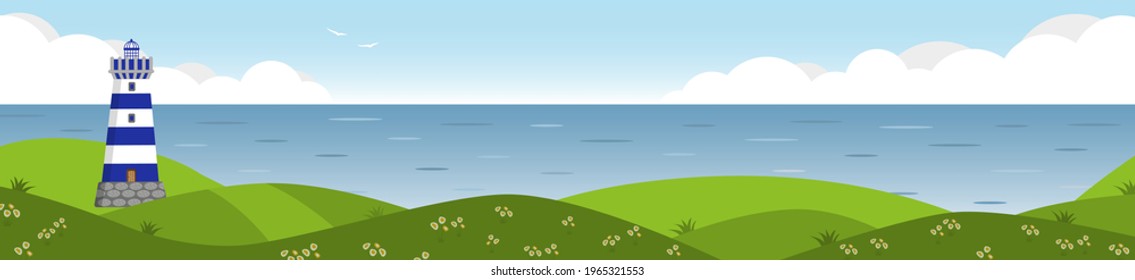 Long horizontal banner with seascape. Lighthouse on seashore with clouds on background, seagulls in the sky and flowers on green hills. Flat vector illustration. Coastline landscape with beacon.