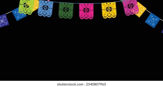 Lange horizontale leere Banner mit schwarzem Hintergrund, bunte Papel Picado Girlande für Tag der Toten Dekorationen