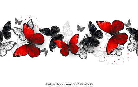 Long, horizontal, continuous banner of flying, artistically drawn red, black and white butterflies on white background. Design with black and red butterflies.