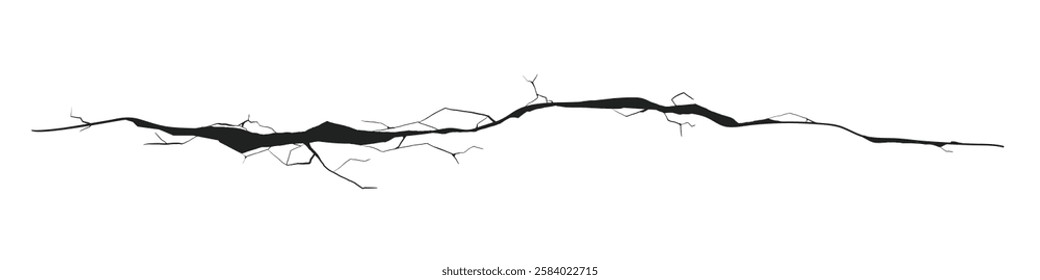 Long horizontal cracked wall. Damage surface crack and fissure in ground, concrete, crevices from disaster silhouette breaks on land surface from earthquake isolated on white background. Broken ground