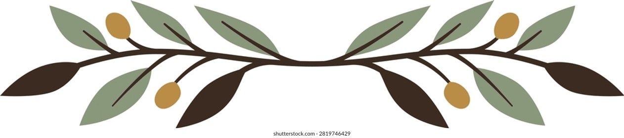 Long horizontal decorative branch with alternating green and brown leaves and yellowish oval fruits against a white background.