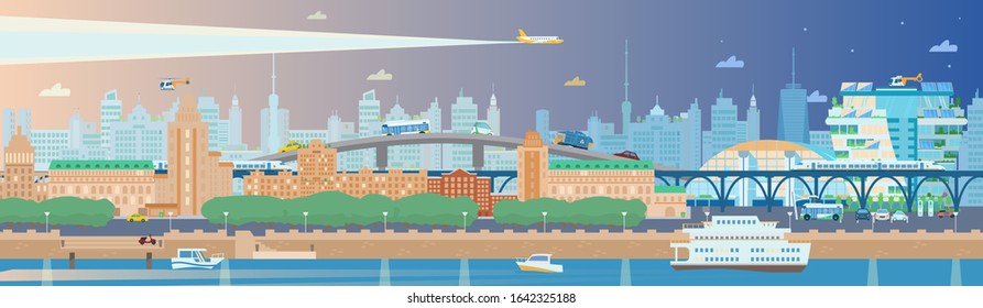 Long horizontal evening summer cityscape with embankment, boats, ferry, bullet trains, rail ways, buildings, scyscrapers. plane, helicopter, cars, trees etc. City panorama. Flat vector illustration.