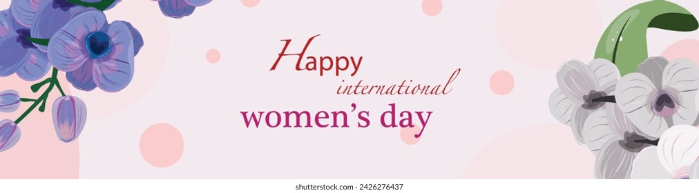 Long horizontal floral banner for International women's day. International Women's Day with elegant orchids in shades of purple and white