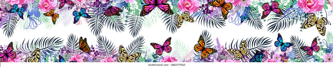 A long horizontal frame with butterflies. site header. Vector illustration