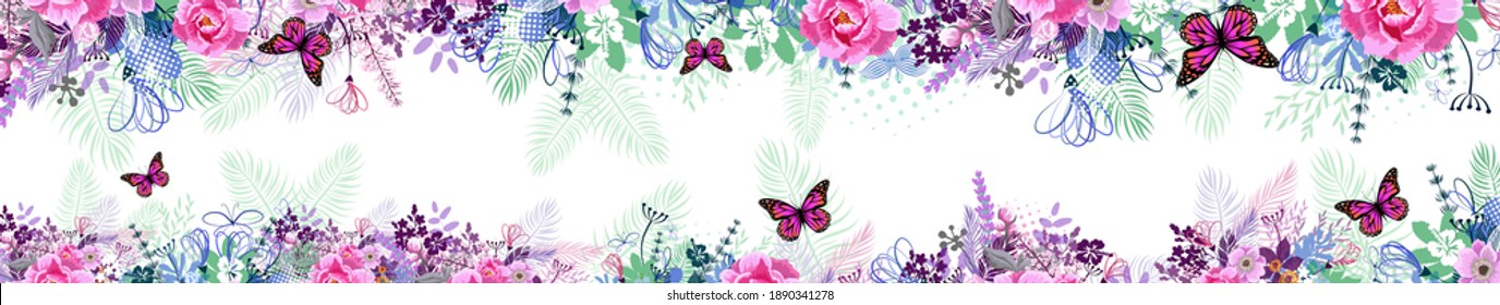 A long horizontal frame with butterflies. site header. Vector illustration