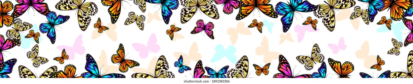 Un largo marco horizontal con mariposas. encabezado de sitio. Ilustración del vector