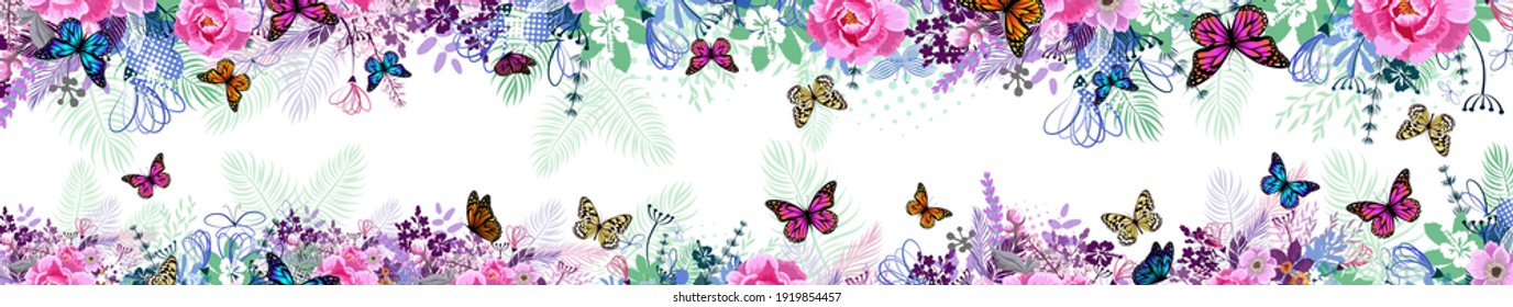 A long horizontal frame with butterflies. site header. Vector illustration