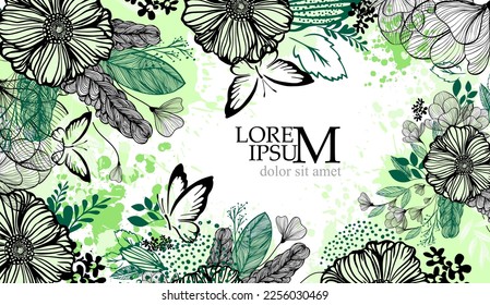 A long horizontal frame with butterflies. Vector illustration