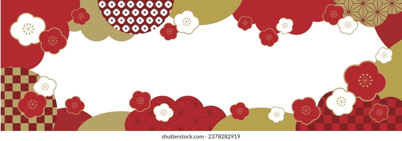 Long horizontal frame with Japanese red pattern, cloud shape and red and white plum blossoms