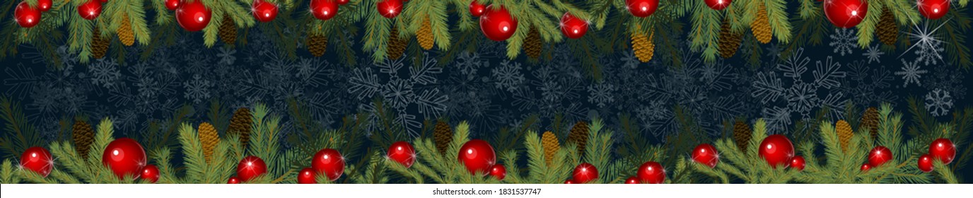 Long horizontal Frame of spruce twigs. Merry Christmas. Vector illustration