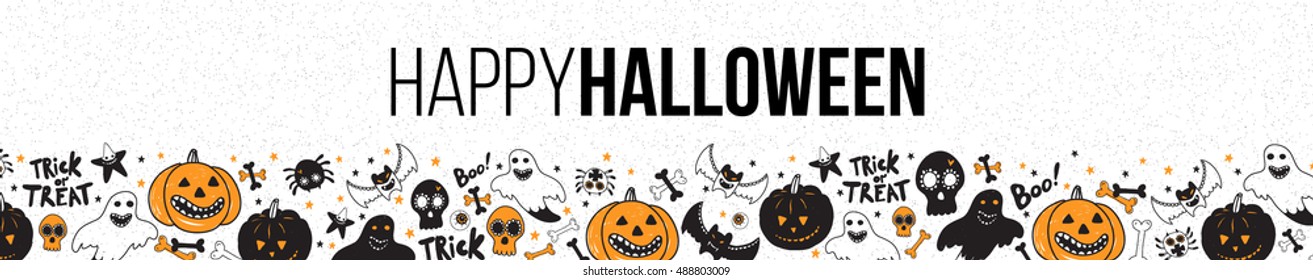 Long Horizontal Halloween party banner design with typography. Funny vintage concept with hand drawn illustration. 