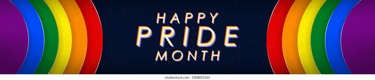 Long Horizontal Happy Pride Month header with geometric paper cutout design in rainbow pride flag colors. Vector Illustration. EPS 10.