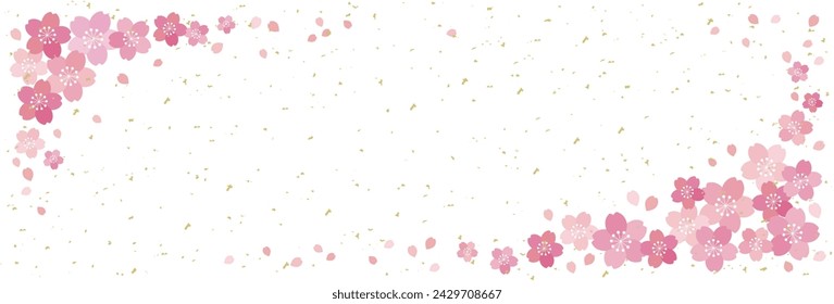 Long horizontal Japanese banner frame on white background with spring cherry blossoms and gold leaf