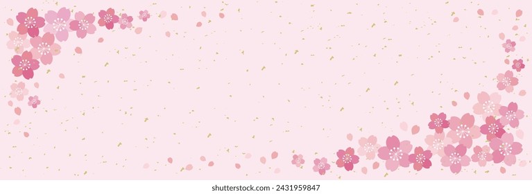 Long horizontal Japanese banner frame on pink background with spring cherry blossoms and gold leaf