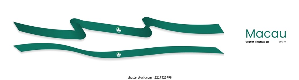 Long horizontal Macau Flag. 3d rendering Flag of Macau, long Macanese Satin Flag Ribbons. Macanese Flag ribbons isolated on white background. Editable Vector Illustration. EPS 10.
