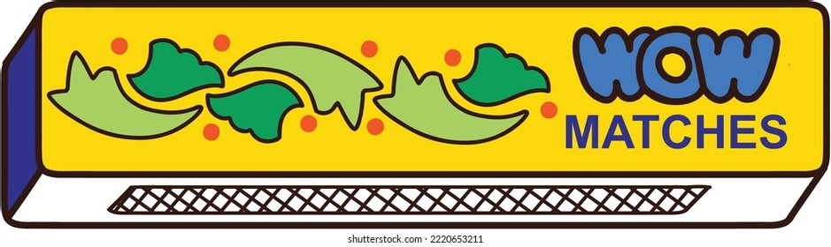 Long Horizontal Matchbox with WOW typography. Yellow box with Sulphur on side.