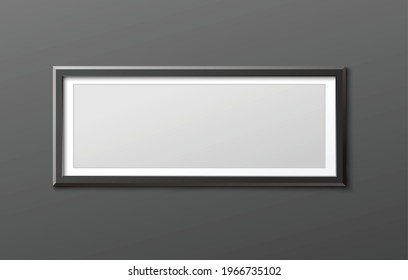 Long horizontal photo frame with black border - realistic blank mockup on dark grey background. Rectangle painting or picture holder, vector illustration