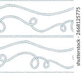 Long horizontal ropes with loose coils and knots, airy spacing on white. Hand-drawn ink line art illustration. Seamless pattern for wrapping tissue, washi tapes and header strips.