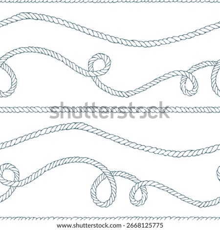 Long horizontal ropes with loose coils and knots, airy spacing on white. Hand-drawn ink line art illustration. Seamless pattern for wrapping tissue, washi tapes and header strips.