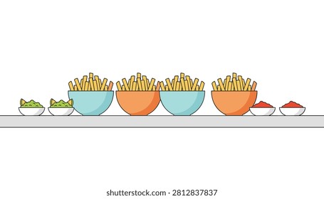 Long horizontal serving counter featuring multiple bowls filled with golden crispy french fries, green guacamole, and red salsa dips.