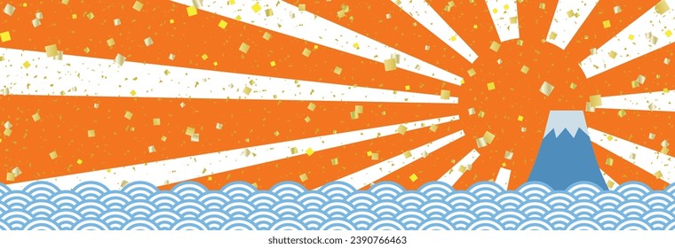 Long horizontal square banner background with gold leaf in a wave pattern with Fuji and orange first sunrise , right-aligned