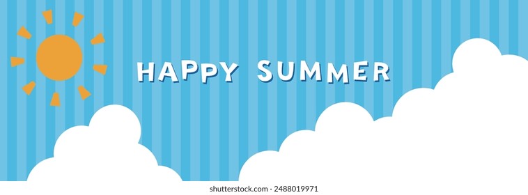 Long horizontal square striped summer sky, sun and clouds banner background